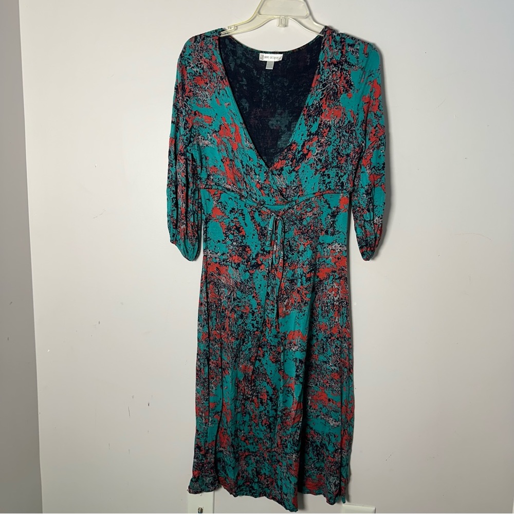 EUC Womens Anne Giorgio Teal Pink Black Large L Dress Mid Calf